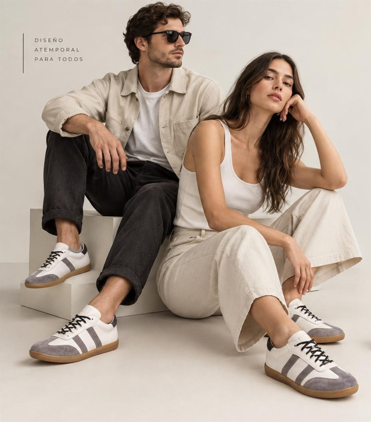 Pareja usando zapatillas blancas de cuero DIVO
